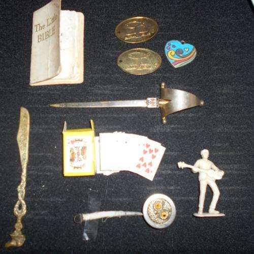 2 ANTIQUE LETTER OPENERS , MINIATURE BIBLE , TAPE MEASURE , DECK OF PLAYING CARDS,, MEDALLIONS